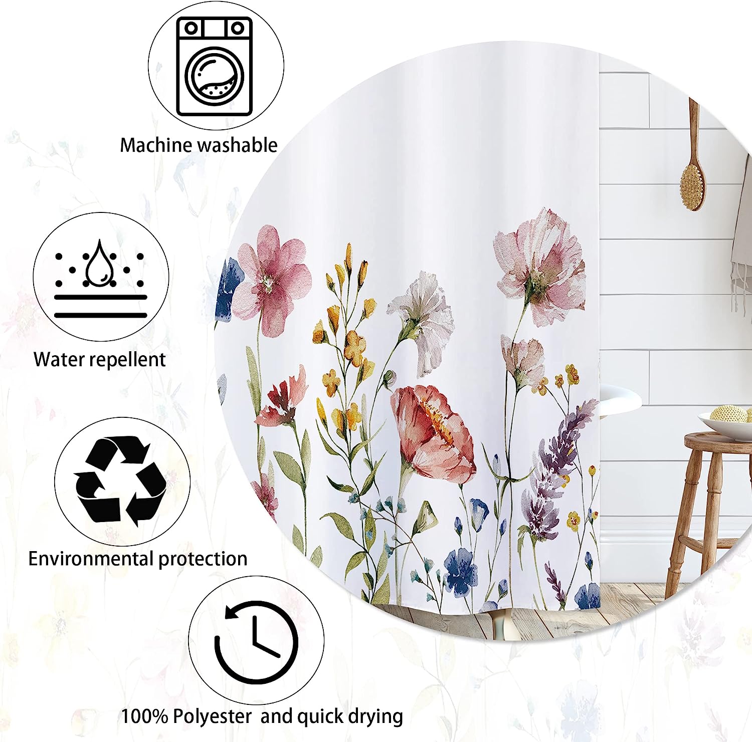 Watercolor Pink Floral Botanical Shower Curtain for Spring Bathroom Theme