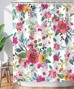 Watercolor Pink Floral Girls Bathroom Shower Curtain