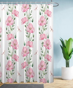 Watercolor Pink Floral Shower Curtain With White Wildflower Aesthetic
