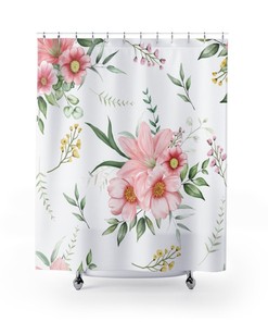 Watercolor Pink Flower Curtain for Farmhouse Bathroom Decor with Botanical Theme