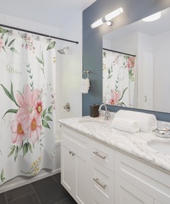 Watercolor Pink Flower Curtain for Farmhouse Bathroom Decor with Botanical Theme