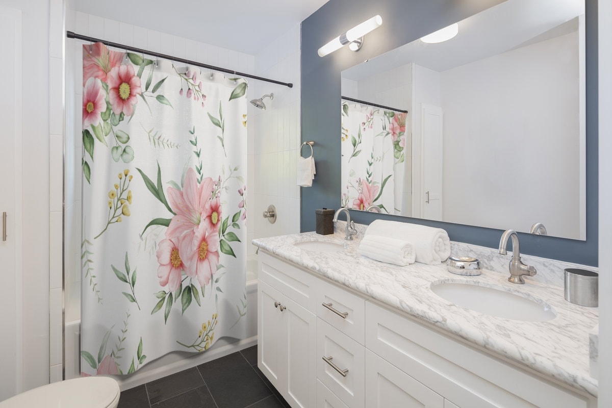 Watercolor Pink Flower Curtain for Farmhouse Bathroom Decor with Botanical Theme