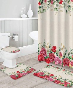 Watercolor Pink Red Roses Eucalyptus Leaves Burlap Bathroom Shower Curtain
