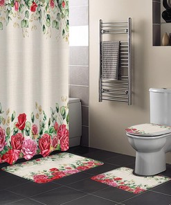 Watercolor Pink Red Roses Eucalyptus Leaves Burlap Bathroom Shower Curtain