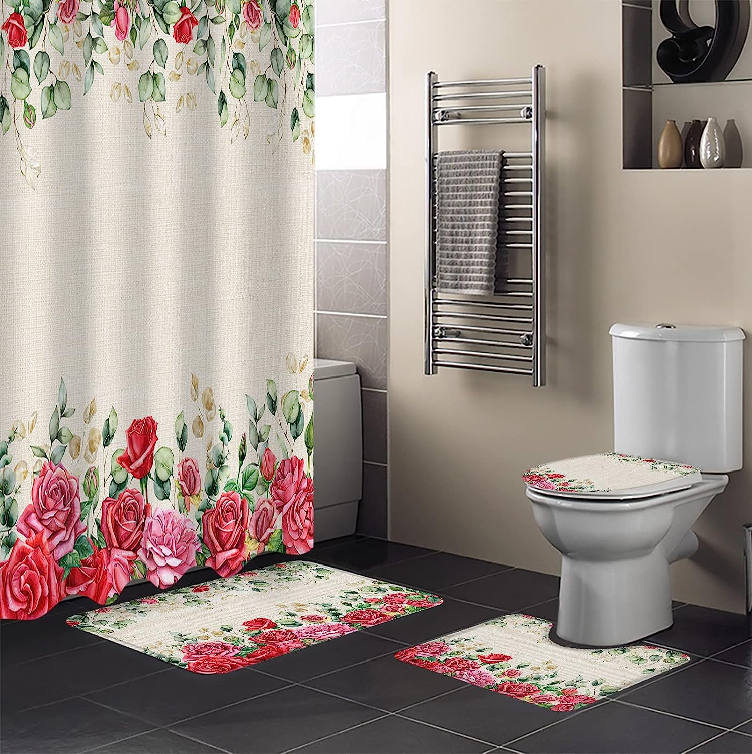 Watercolor Pink Red Roses Eucalyptus Leaves Burlap Bathroom Shower Curtain