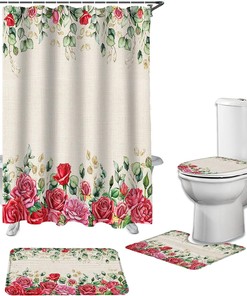 Watercolor Pink Red Roses Eucalyptus Leaves Burlap Bathroom Shower Curtain