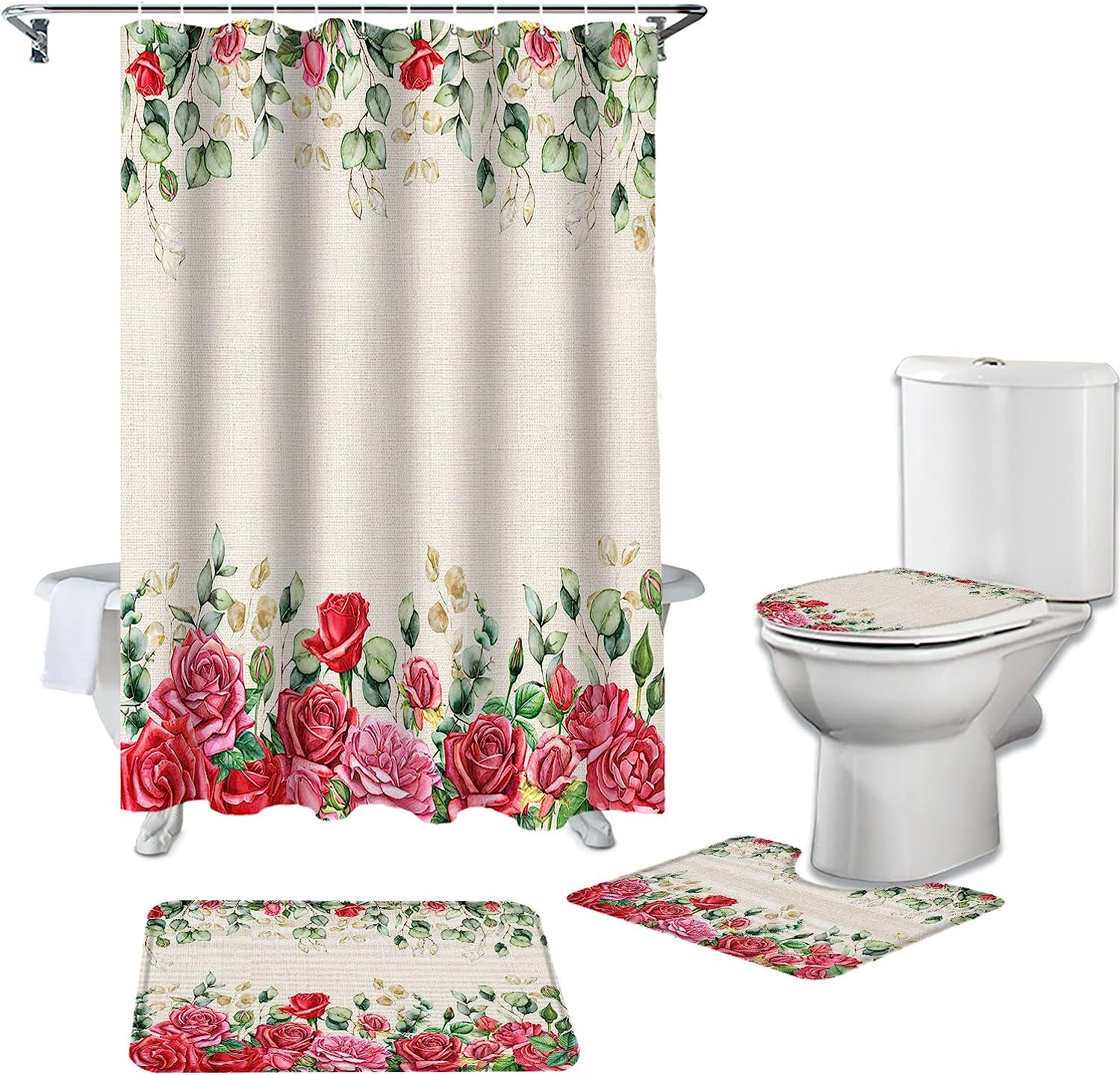 Watercolor Pink Red Roses Eucalyptus Leaves Burlap Bathroom Shower Curtain