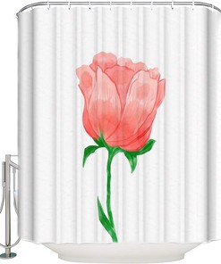 Watercolor Pink Rose Flower And Green Leaves Waterproof Fabric Shower Curtain