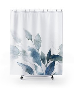 Watercolor Plant Boho Shower Curtain for Botanical Bathroom with Blue Print