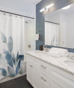Watercolor Plant Boho Shower Curtain for Botanical Bathroom with Blue Print