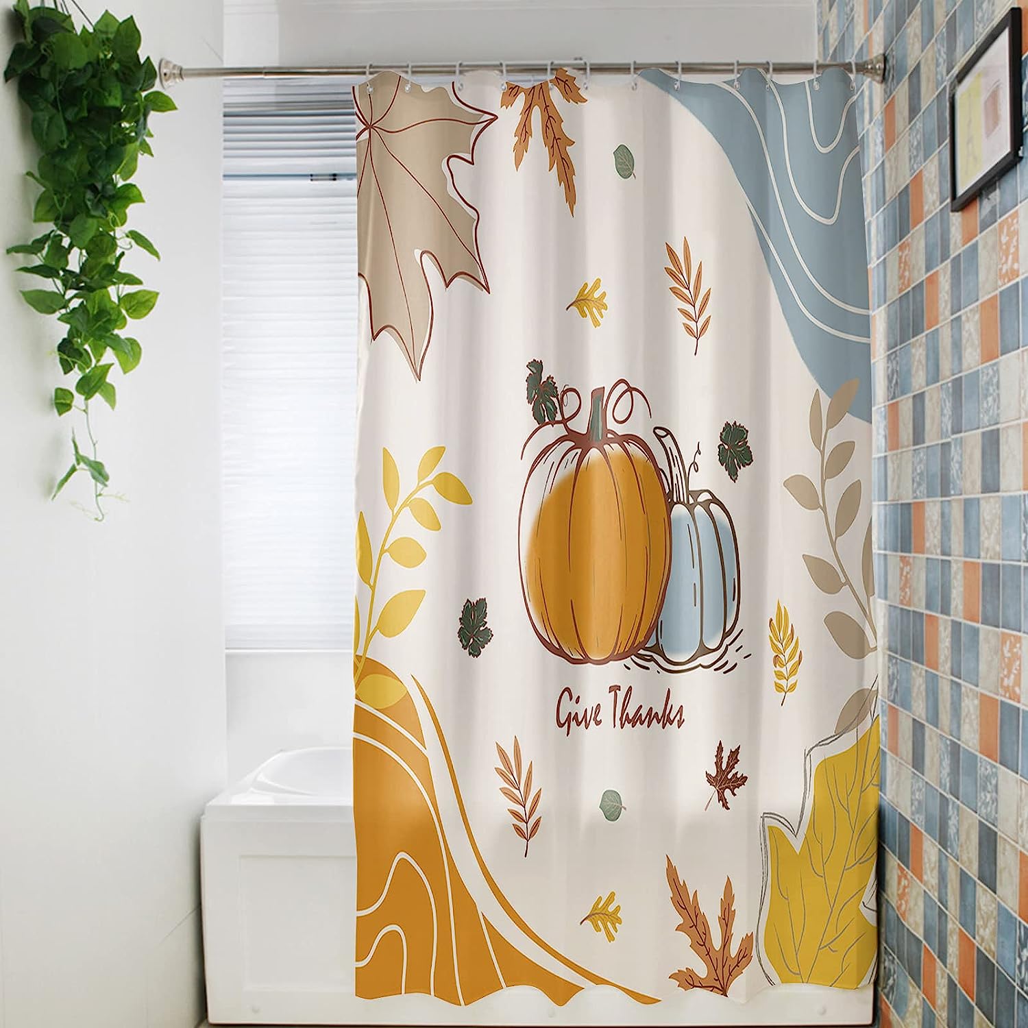 Watercolor Pumpkin Maple Leaf Abstract Art Privacy Fabric Shower Curtain