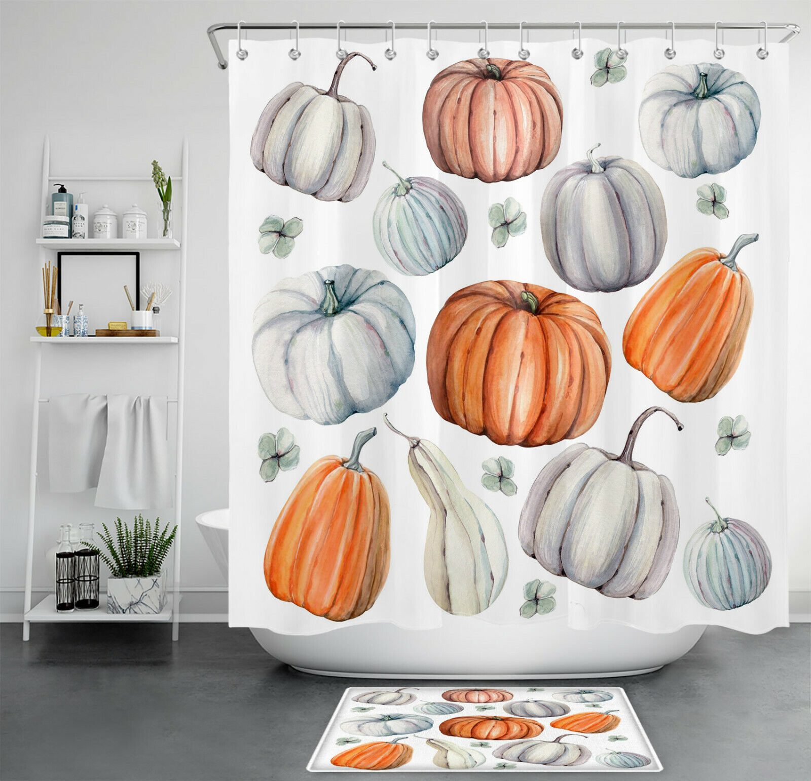 Watercolor Pumpkins Shower Curtain, Rustic Autumn Bathroom Decor