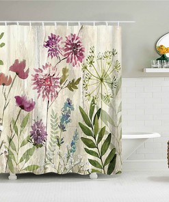 Watercolor Purple Floral Minimalist Shower Curtain with Chrysanthemum and Dandelion Print