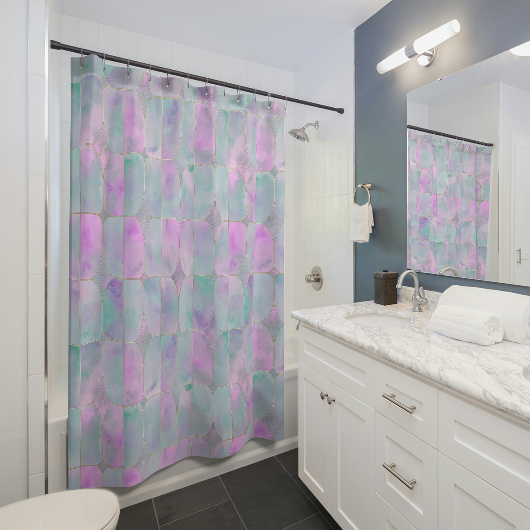 Watercolor Purple Pink Stained Glass Shower Curtain For Vibrant Bathroom