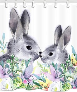 Watercolor Rabbit Shower Curtain, Spring Blossom Easter Bathroom Decor 