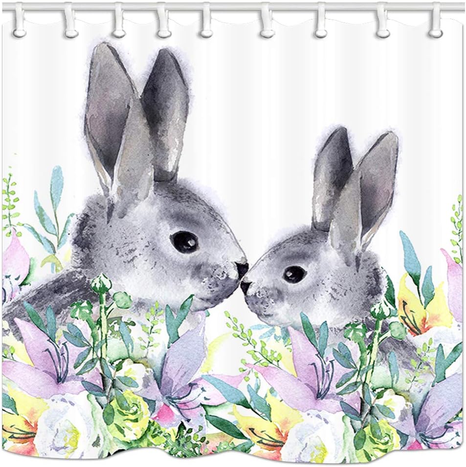 Watercolor Rabbit Shower Curtain, Spring Blossom Easter Bathroom Decor