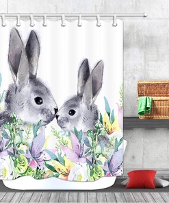 Watercolor Rabbit Shower Curtain, Spring Blossom Easter Bathroom Decor