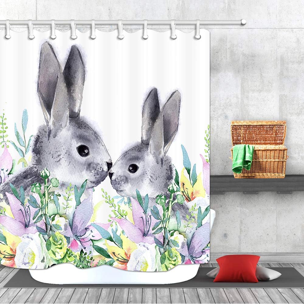 Watercolor Rabbit Shower Curtain, Spring Blossom Easter Bathroom Decor