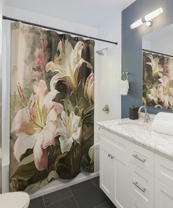 Watercolor Rose And Lily Printed Shower Curtain, Floral Bathroom Decorr 