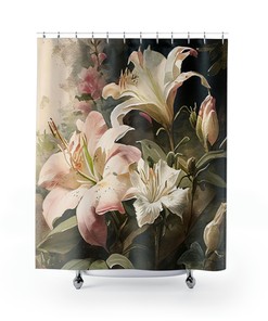 Watercolor Rose And Lily Printed Shower Curtain, Floral Bathroom Decorr