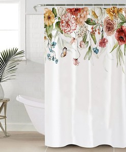 Watercolor Rose Flowers Shower Curtain, Butterfly Floral Bathroom Decor