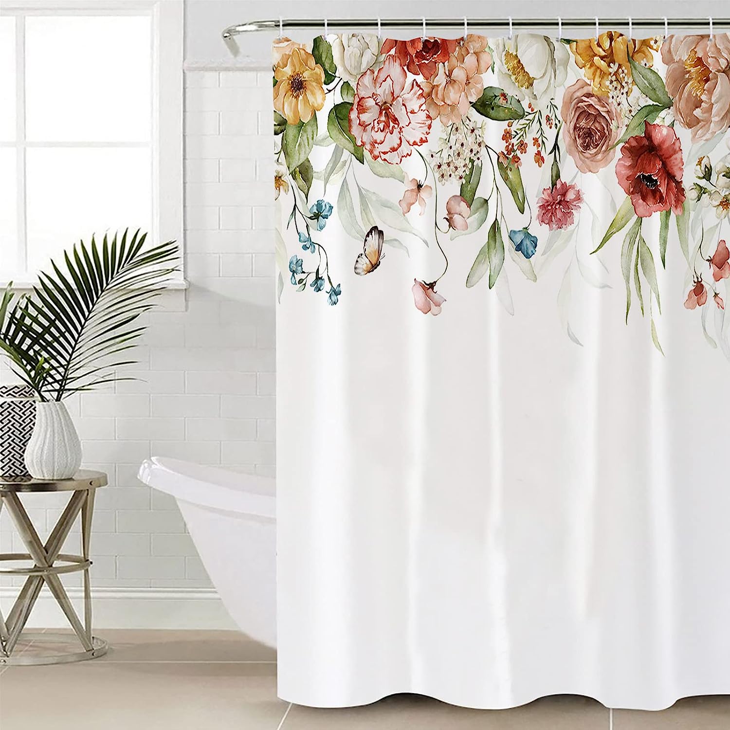 Watercolor Rose Flowers Shower Curtain, Butterfly Floral Bathroom Decor
