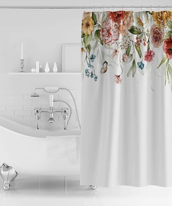 Watercolor Rose Flowers Shower Curtain, Butterfly Floral Bathroom Decor