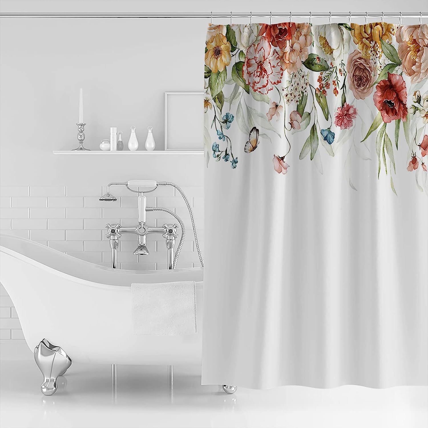 Watercolor Rose Flowers Shower Curtain, Butterfly Floral Bathroom Decor
