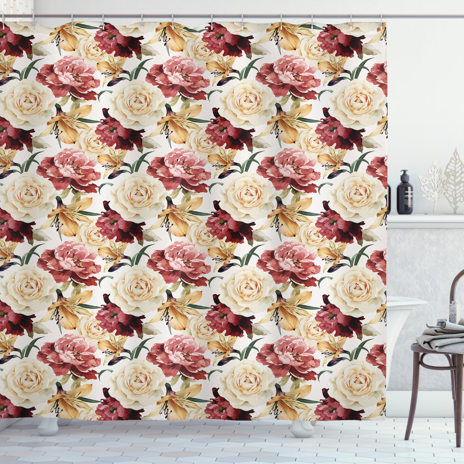 Watercolor Roses And Peonies Garden Print Shower Curtain For Bathroom