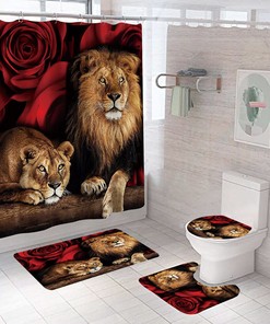 Watercolor Roses Lion Art Bathroom Shower Curtain