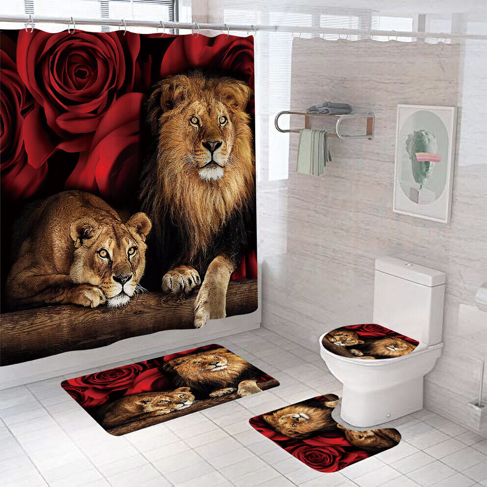 Watercolor Roses Lion Art Bathroom Shower Curtain