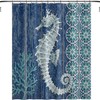 Watercolor Rustic Seahorse Shower Curtain with Ocean Animal and Rustic Wooden Board Blue for Coastal Bathroom Decor