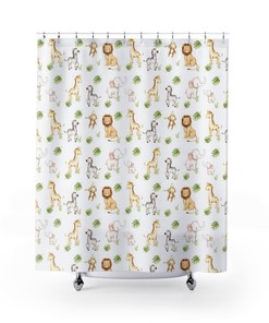 Watercolor Safari Animals Shower Curtain, Kids Jungle Bathroom Decor
