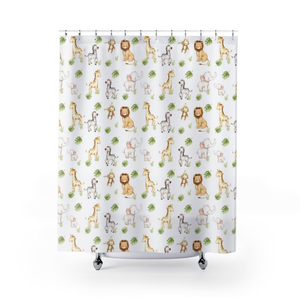 Watercolor Safari Animals Shower Curtain, Kids Jungle Bathroom Decor
