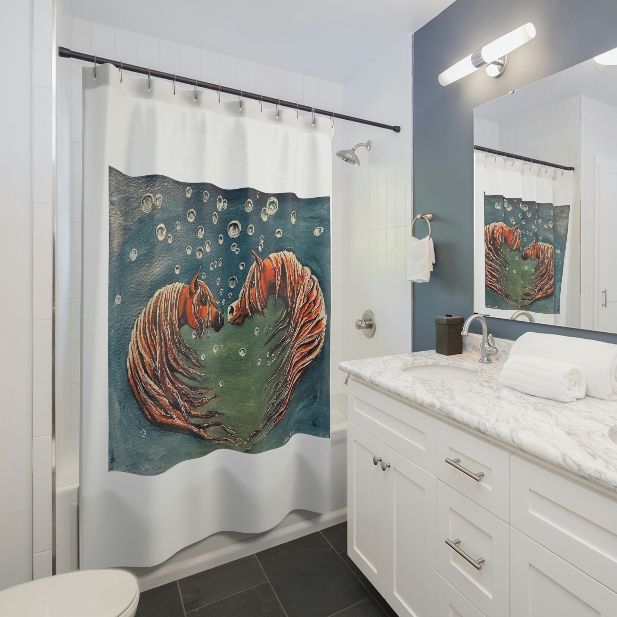 Watercolor Sea Horses Print Shower Curtain Fabric for Ocean Themed Bathroom Decor