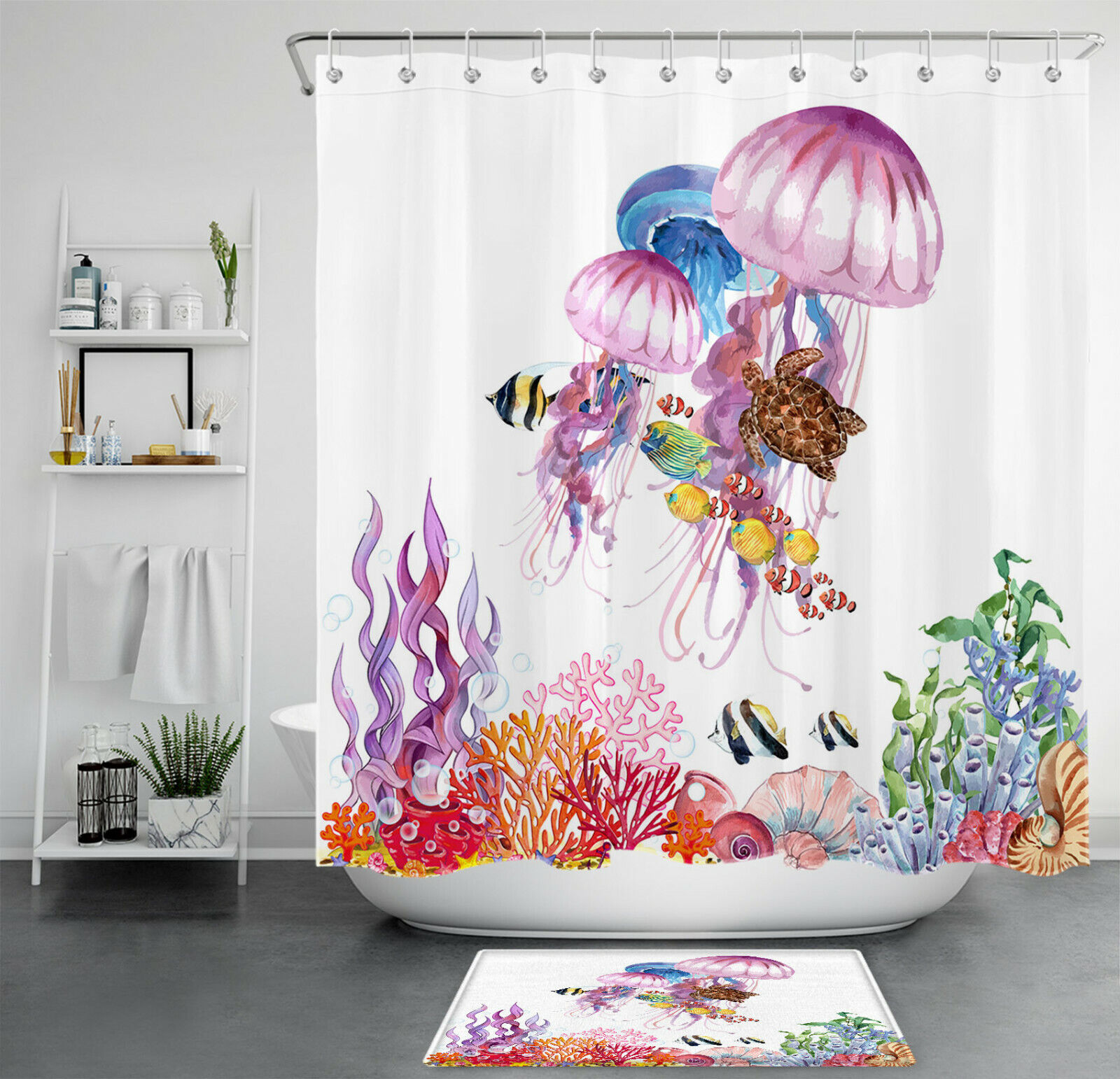Watercolor Seabed Jellyfish Shower Curtain, Under the Sea Bathroom Decor