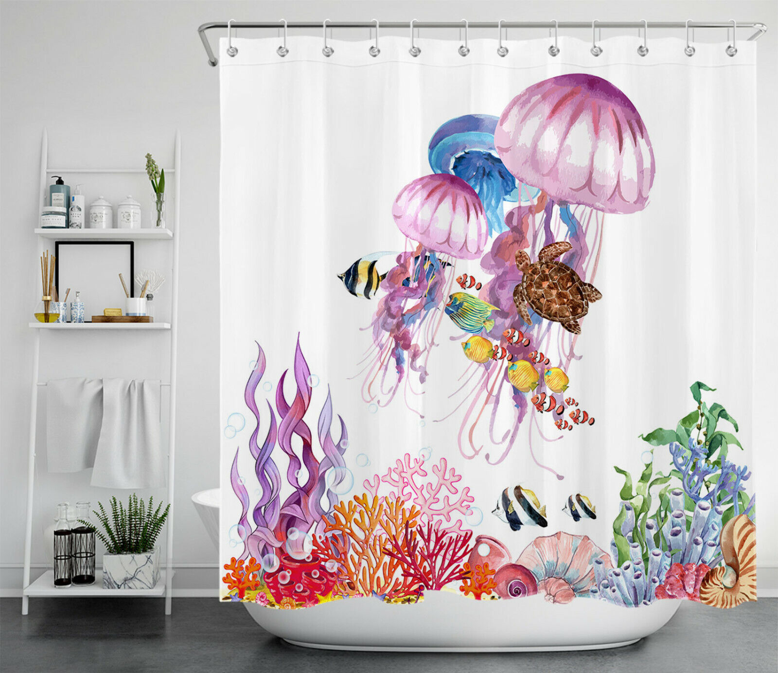 Watercolor Seabed Jellyfish Shower Curtain, Under the Sea Bathroom Decor