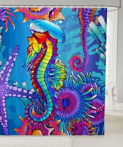 Watercolor Seahorse Bathroom Curtains, Colorful Undersea World Shower Curtain