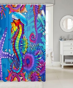 Watercolor Seahorse Bathroom Curtains, Colorful Undersea World Shower Curtain