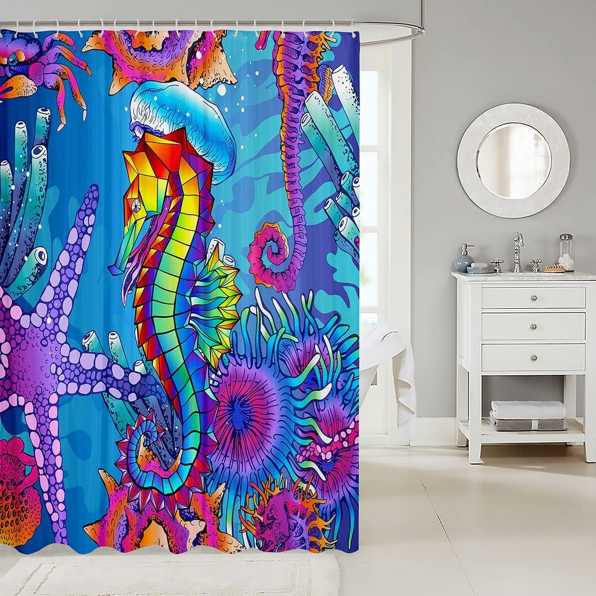 Watercolor Seahorse Bathroom Curtains, Colorful Undersea World Shower Curtain