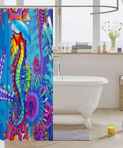Watercolor Seahorse Bathroom Curtains, Colorful Undersea World Shower Curtain
