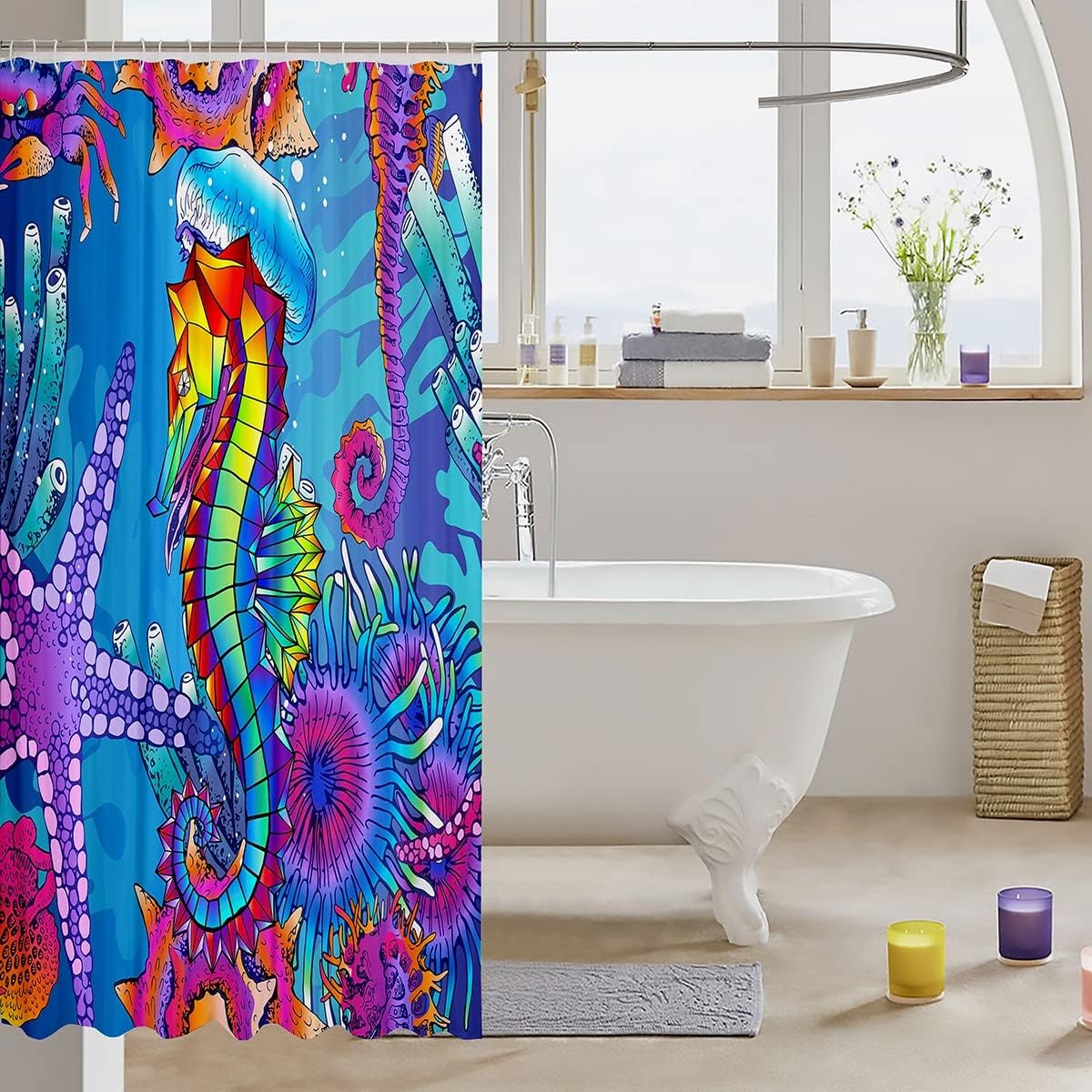 Watercolor Seahorse Bathroom Curtains, Colorful Undersea World Shower Curtain