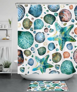 Watercolor Seashell Starfish Shower Curtain, Nautical Bathroom Decor