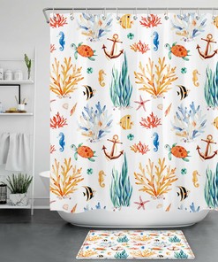 Watercolor Seaweed Anchor Shower Curtain, Ocean Nautical Bathroom Decor