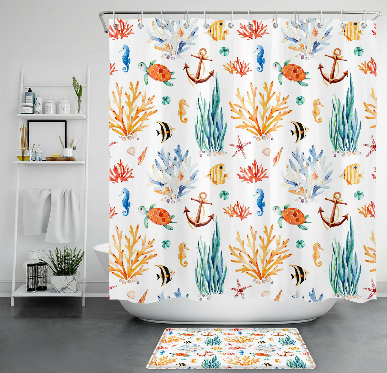 Watercolor Seaweed Anchor Shower Curtain, Ocean Nautical Bathroom Decor