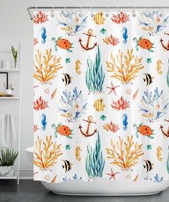 Watercolor Seaweed Anchor Shower Curtain, Ocean Nautical Bathroom Decor