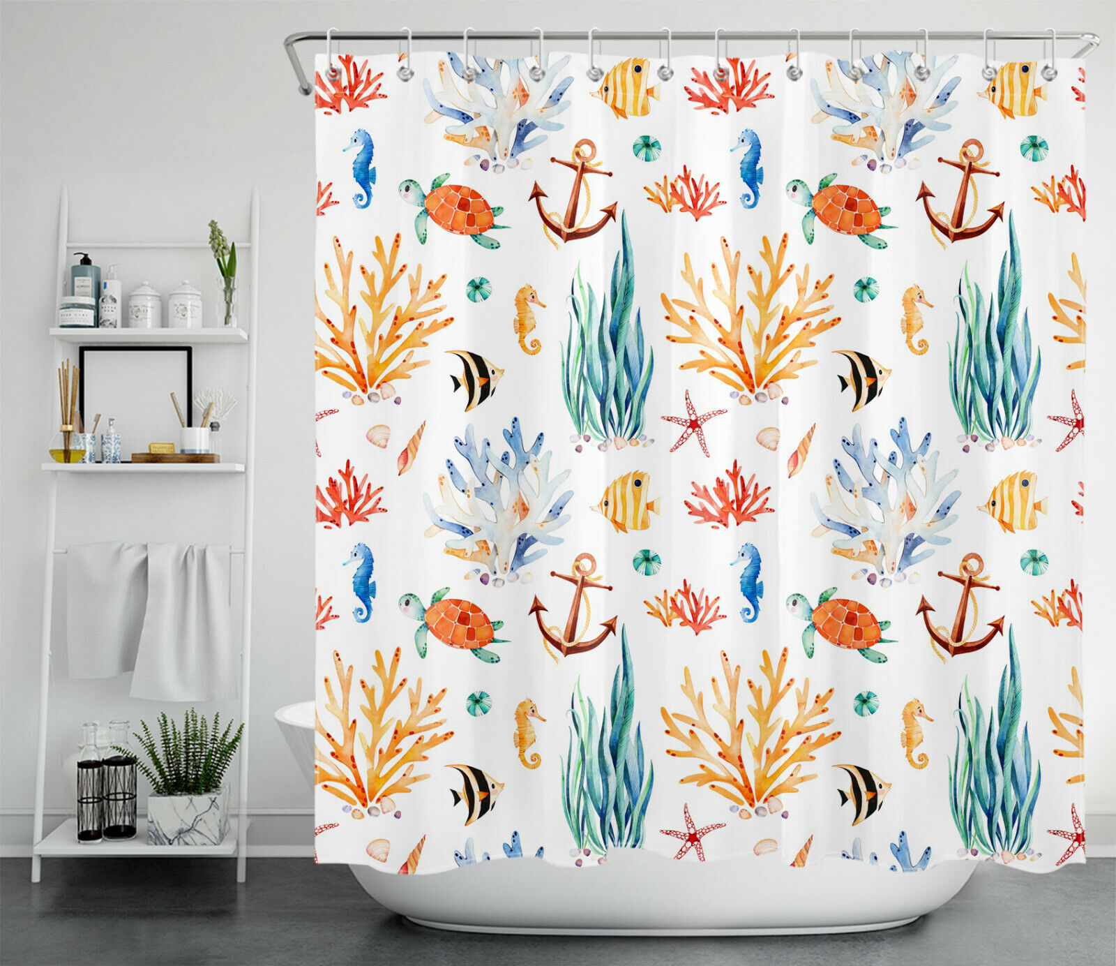 Watercolor Seaweed Anchor Shower Curtain, Ocean Nautical Bathroom Decor