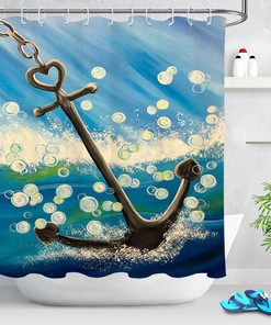 Watercolor Ship Anchor Sea Bubbles Shower Curtain, Nautical Bathroom Decor