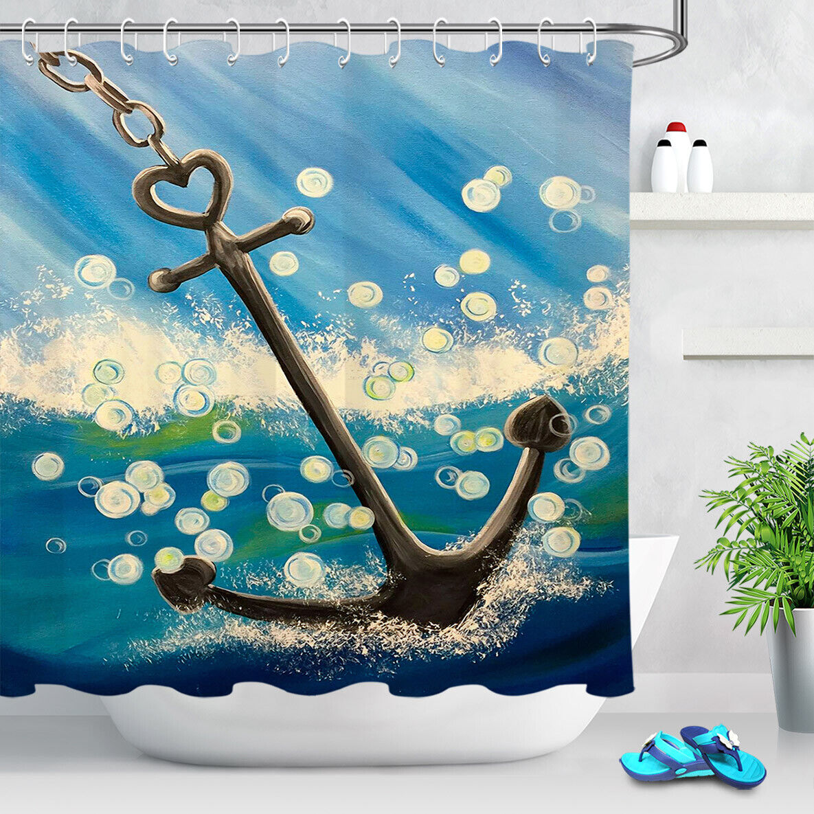 Watercolor Ship Anchor Sea Bubbles Shower Curtain, Nautical Bathroom Decor