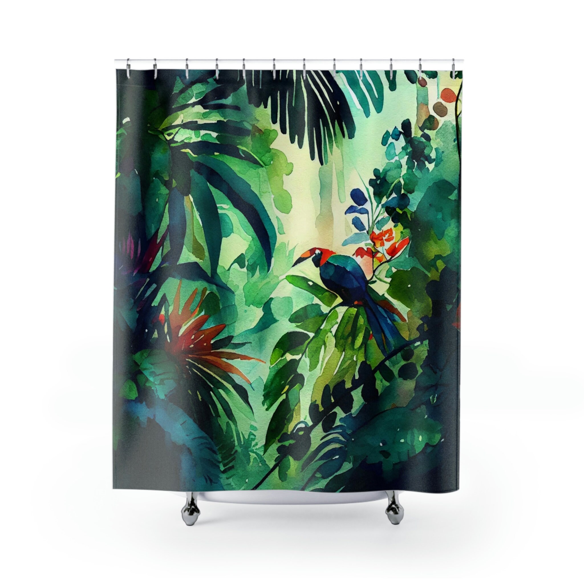 Watercolor Shower Curtain with Tropical Leaves for Artistic Bathroom Decor